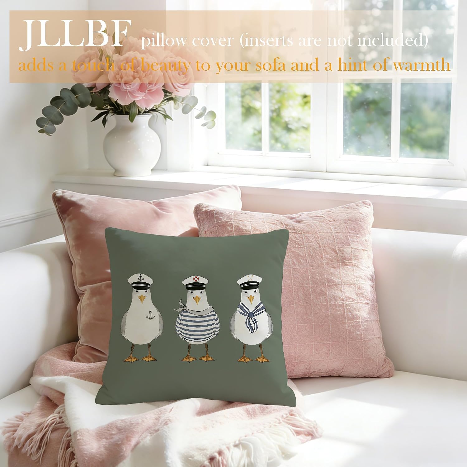 Olive Green Nautical Throw Pillows Cover 18x18 Double-Sided, Coastal Blue Pillow Covers, Funny Seagull Decor for Home Bedroom Couch Bed, Summer Bathroom Decor image 3
