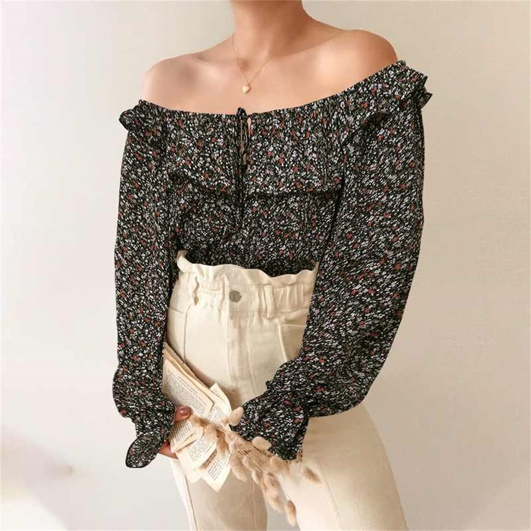 Générique Femmes Sexy Off épaule Blouses Vintage Floral imprimé décontracté Ample à Manches Longues Tunique Chemise