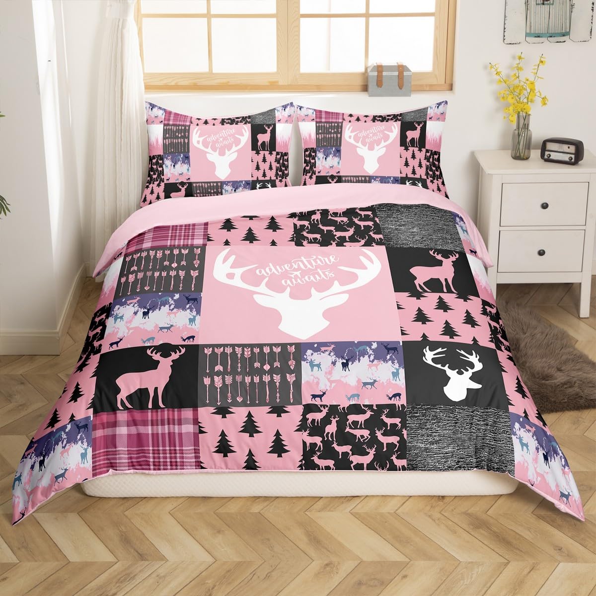 Erosebridal Farmhouse Moose Duvet Cover for Kids Boys Girls,Pink Deer Sketch Bedding Set,Rustic Elk Comforter Cover Full,Woodland Animal Bed Sets with 2 Pillow Shams Lodge Bedroom Decor