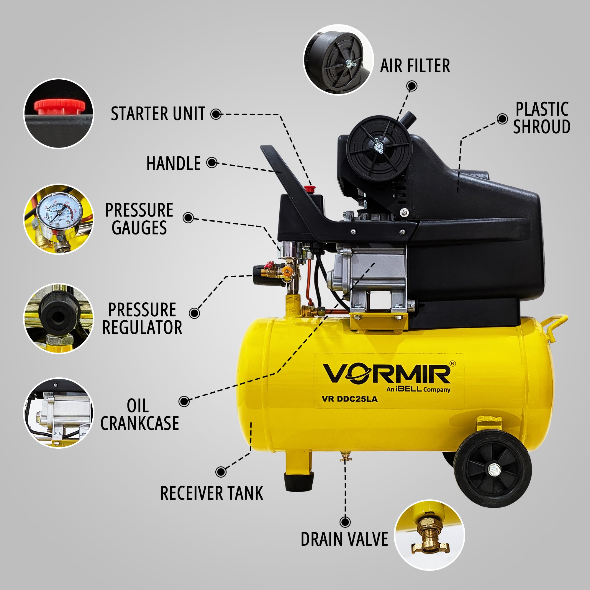 IBELL VORMIR VR DDC25LA 2.0HP Air Compressor - 25L Tank, 115 PSI Max Pressure, High-Performance & Compact Design - Image 2 thumbnail