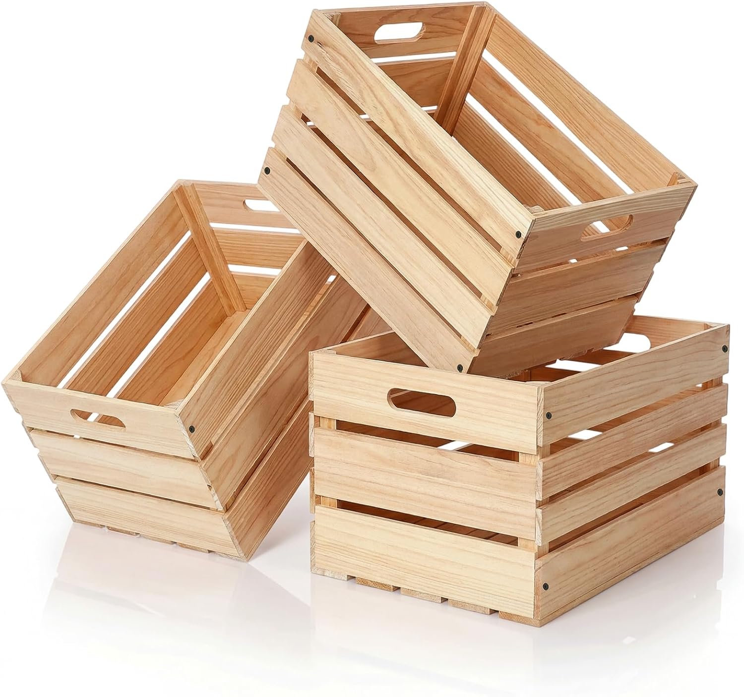 3Pcs Pine Solid Wood Crates Box for Deco or Storage 15.7x11.8x10.5in Nesting Wood Boxes with Handles Decorative for DIY Office Home Organized Storage Art Display