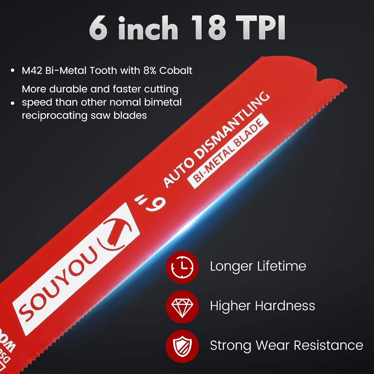 50 Pack 6 in 18 TPI Bi-Metal Reciprocating Saw Blades with Organizer Carbide Alloy Steel for Automobile Dismantling Metal Steel Cutting Non-Stick Coated for Less Heat for 1/16-5/16 Medium Metals