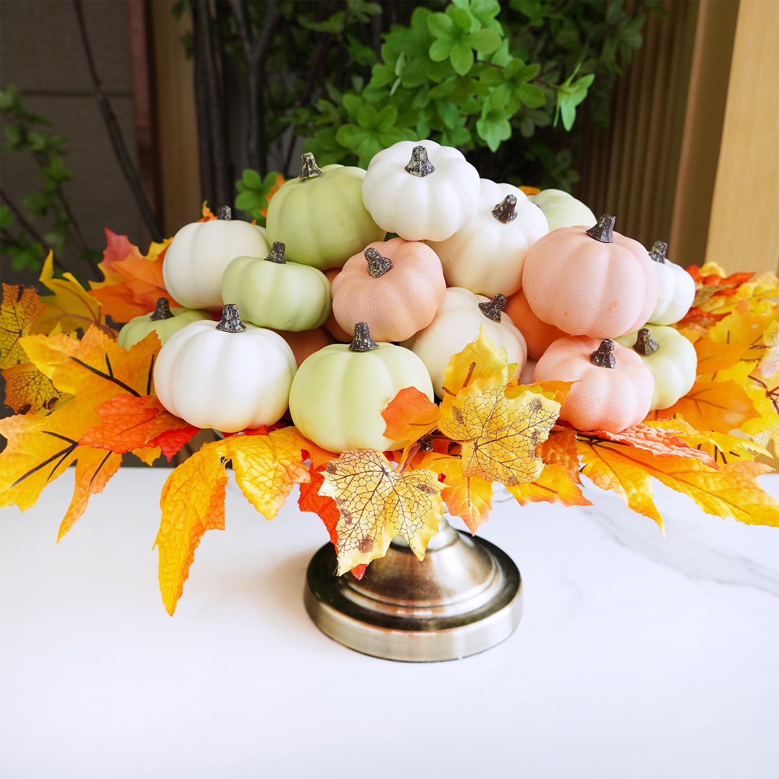8Pcs Assorted Mini Artificial Baby Boo Pumpkins Orange Green White Small Rustic Decorative Pumpkins Foam Pumpkins for Fall Home Bowl Fillers Thanksgiving Halloween Mantel Table Centerpiece