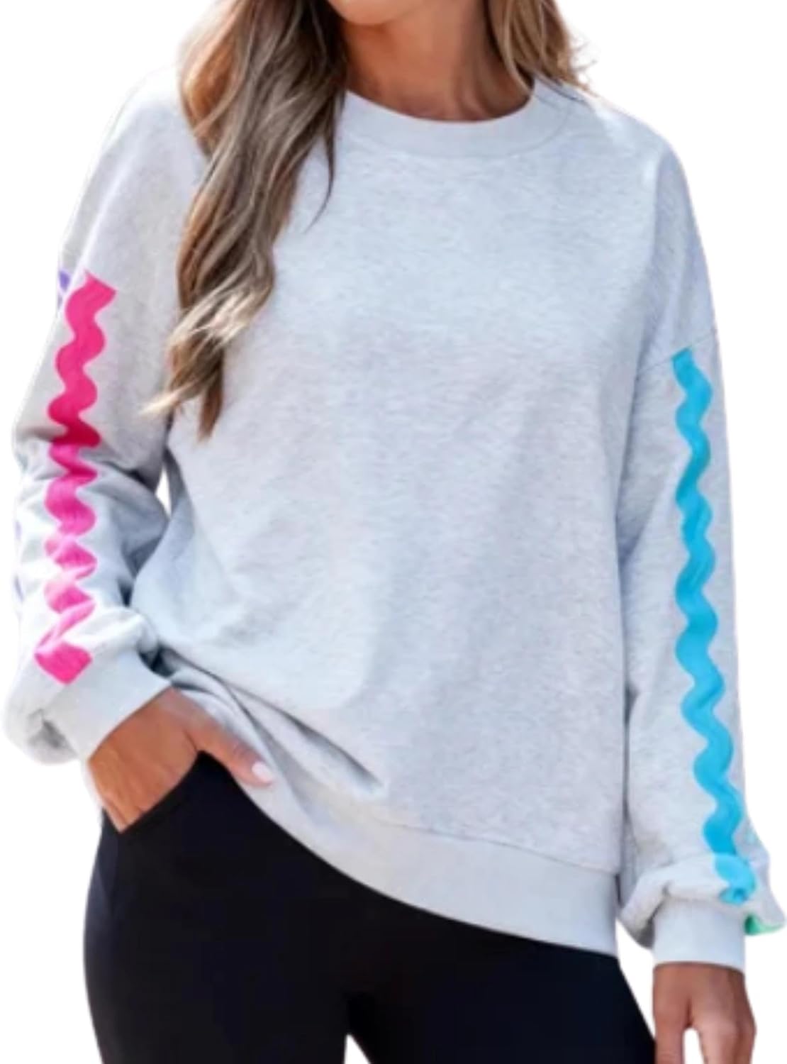 popvil Womens Crewneck Sweatshirts Oversized Neon Stripes Tops Casual Long Sleeve Pullover 2025 Fall Clothes