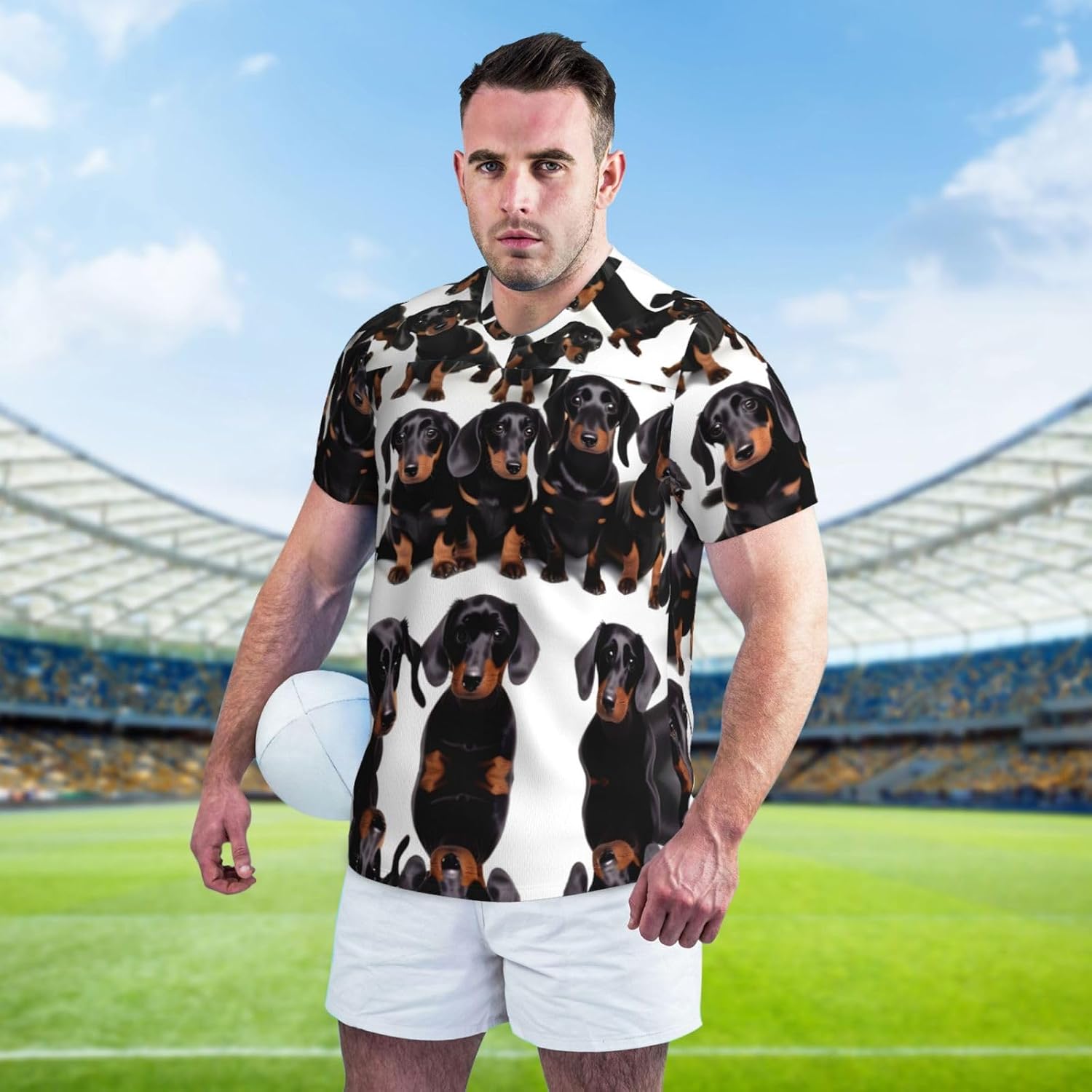 Dachshund Weiner Pet Dog Rugby Football Jersey for Men, Comfortable V-Neck Loose Fit Top for Team Sports Athletics