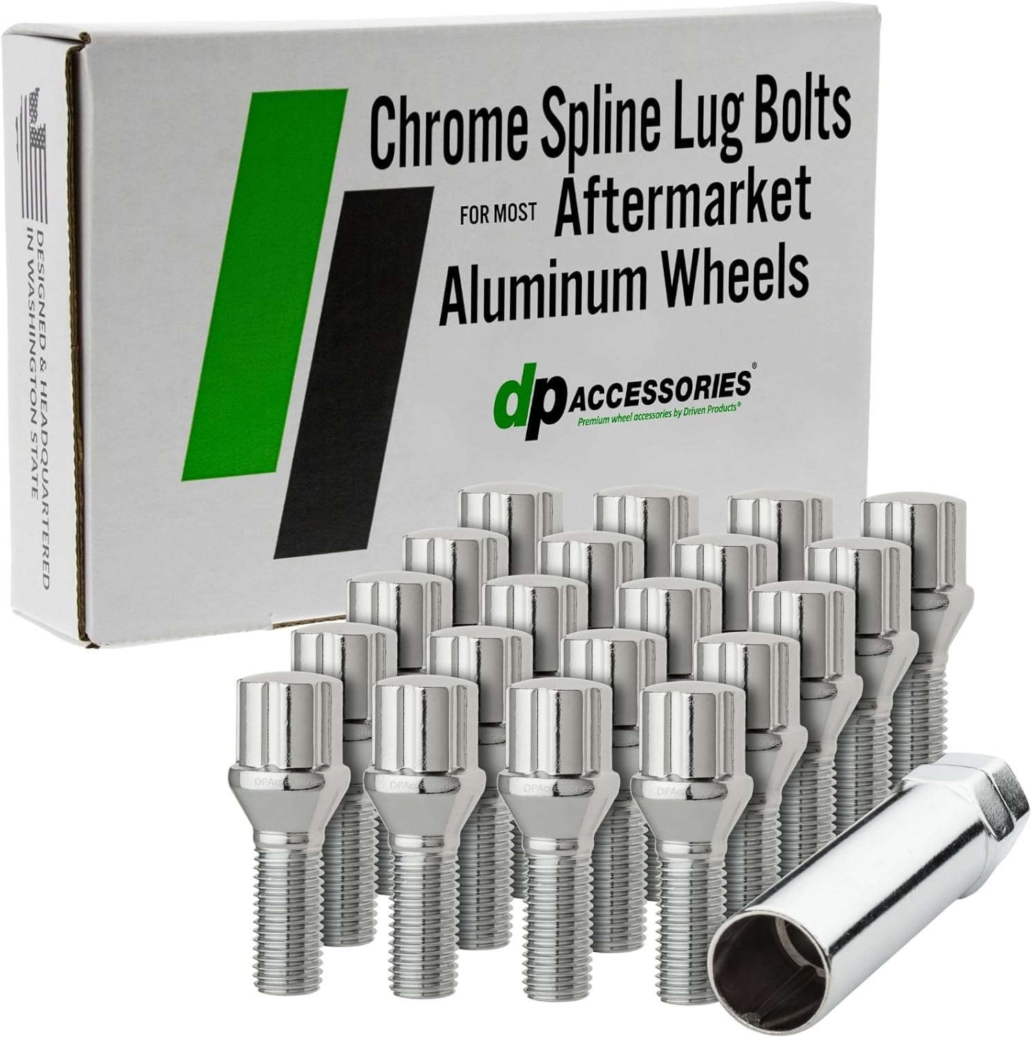 DPAccessories Chrome M12x1.75 Lug Bolts for Aftermarket Wheels | Spline Bolt | 27mm Shank | Set of 20 | BS27K3HC-CH04020