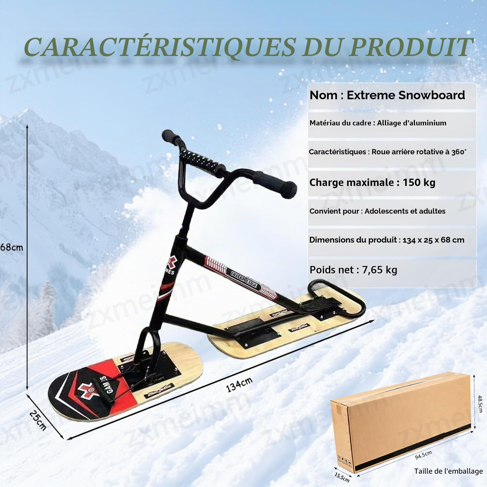 Snowscoot Tout-Terrain Adulte - Plateau Érable 5 Plis, Lames Doubles - Luge Hiver pour Pentes Damées et Jardin