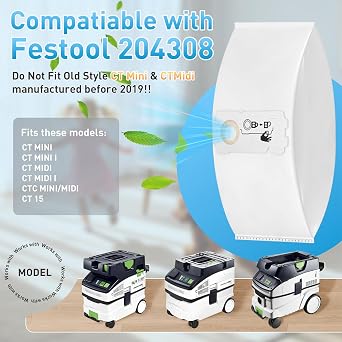 12 Pack Dust Bags for Festool Hoover Bags,Festool Midi Dust Bags,Compatible With Festool Ct Midi I/Ctc Mini/Midi/Ct 15 Dust Extractor Manufactured From 2019