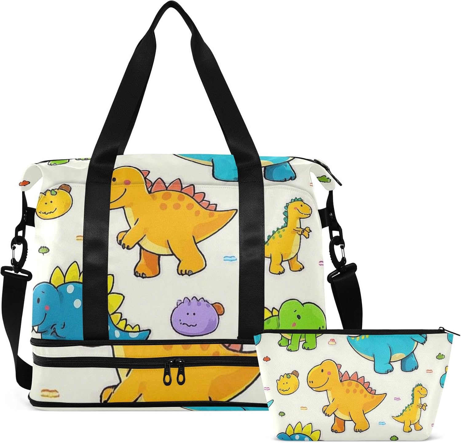 Beige Cute Dinosaur Gym Tote Bag Large Carry On Airport Bag with Adjustable Strap for Gym Waterproof