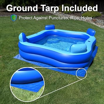 Inflatable Pool w/Seats & Headrests, 8ft x 8ft, with Electric Pump and Ground Tarp Included - Fast Setup and Reinforced Seams