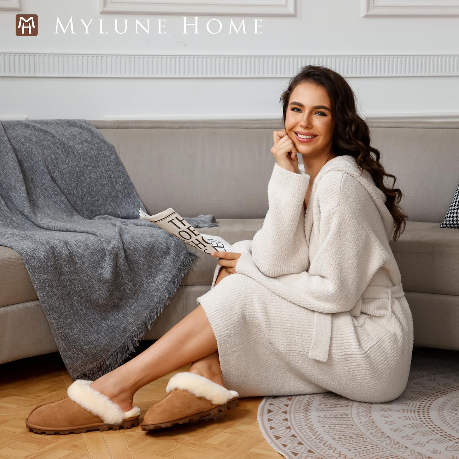 MYLUNE HOME Echte Lammfell Hausschuhe für Damen - Flauschige Warme Pantoffeln Winter Plüsch Schaffell Slipper Leder Wolle Braun - Geschenk für Frauen