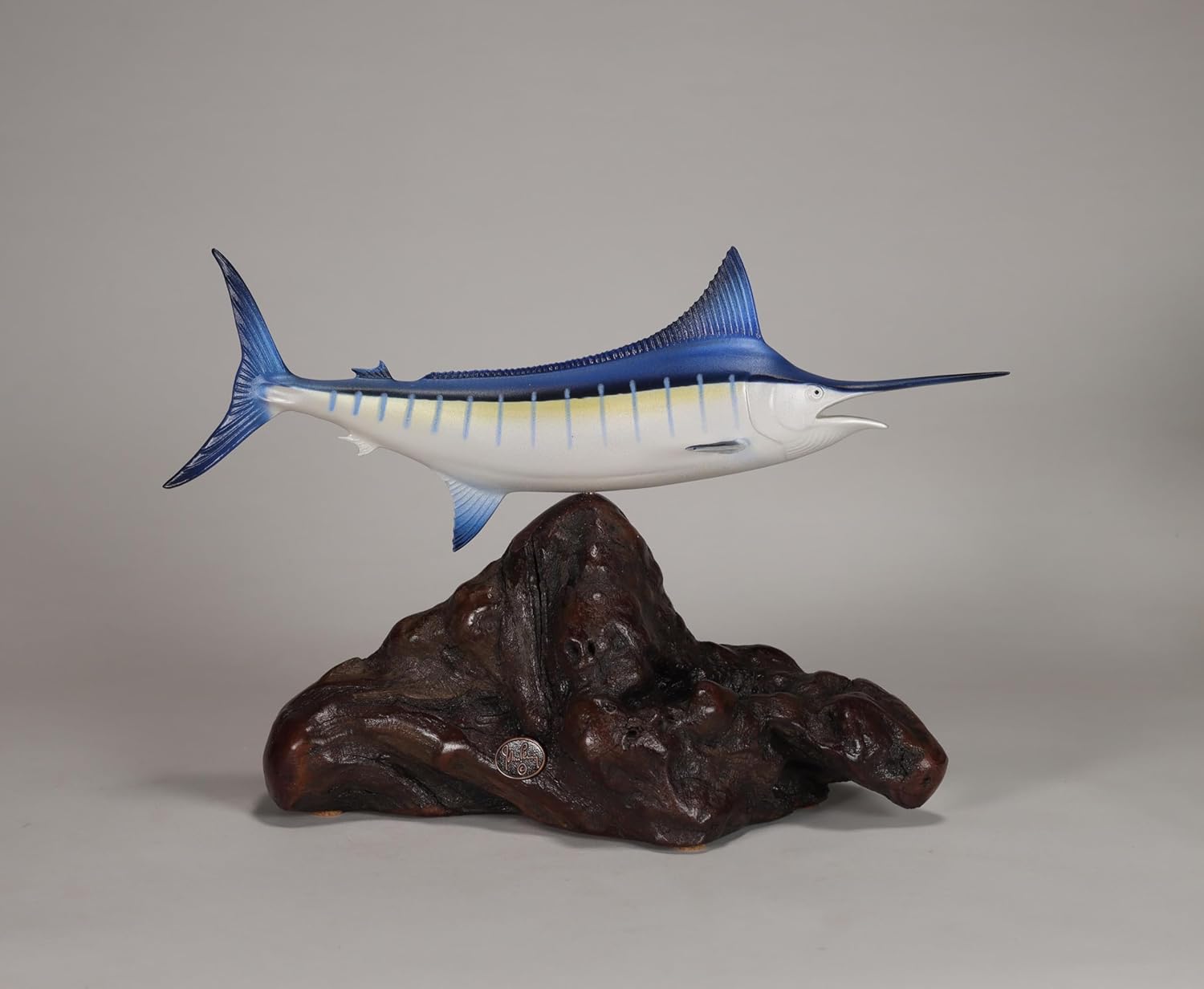 Marlin Sculpture by John Perry Airbrushed 10in Long on Polished Burlwood Base. Signed. New Version.