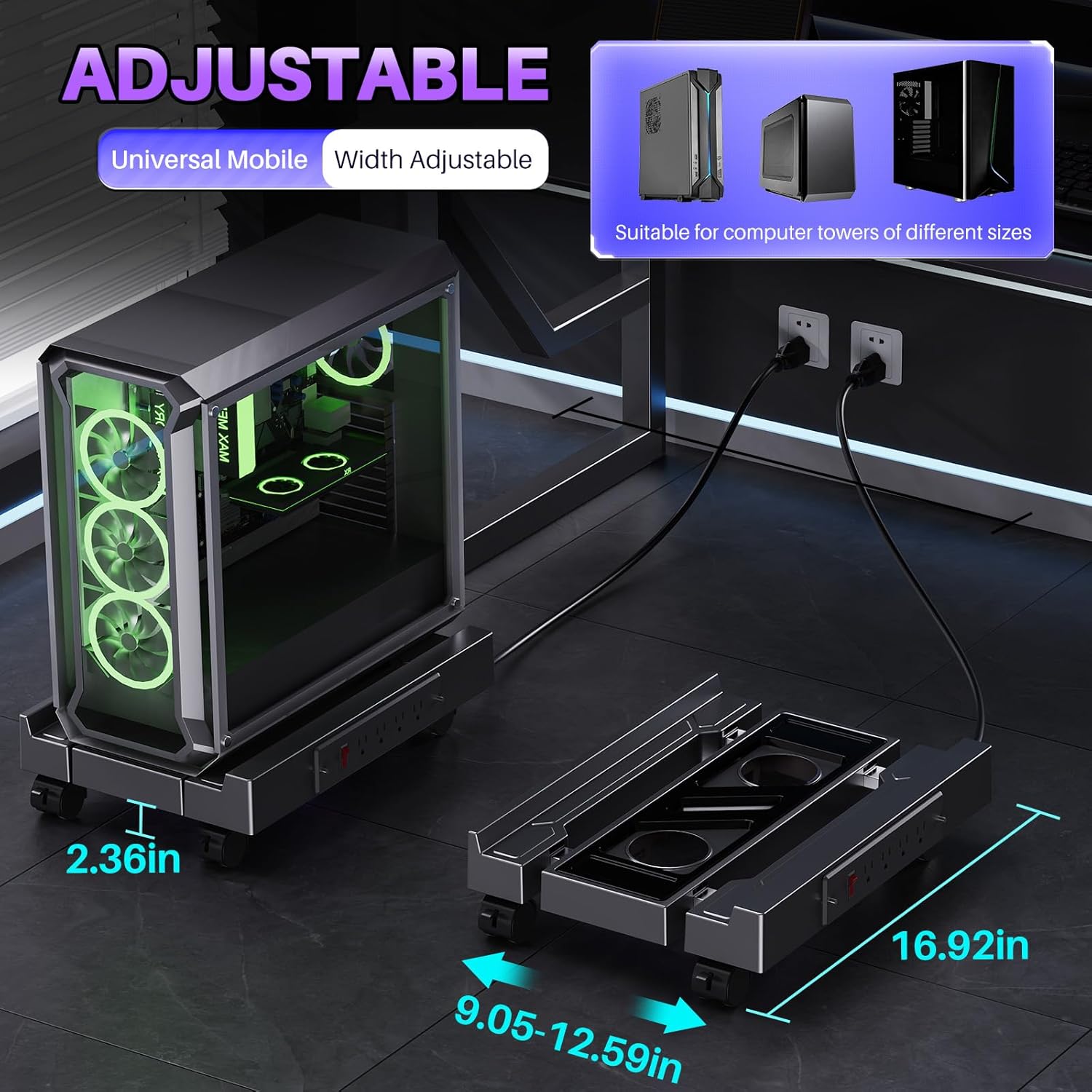 Adjustable Computer Tower Stand with Charging Station, PC Stand for Floor, Mobile CPU Holder with 4 Caster Wheels Fits Most PC Tower, Under Desk CPU Holder for Office,Gamers and Students
