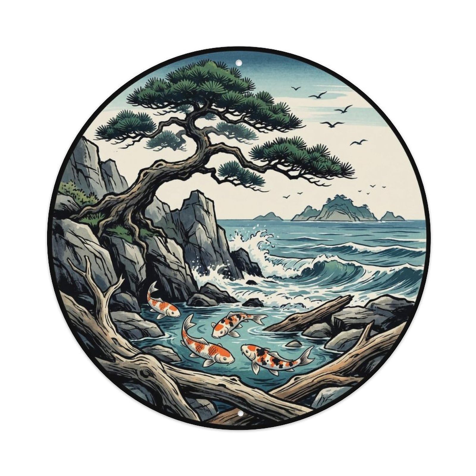Japanese Pine Tree Koi Fish Rocky Shore Vintage Metal Tin Sign Plaque Wall Decor for Cafe, Club Bar, Office, Garden Metal Poster 8x8Inch