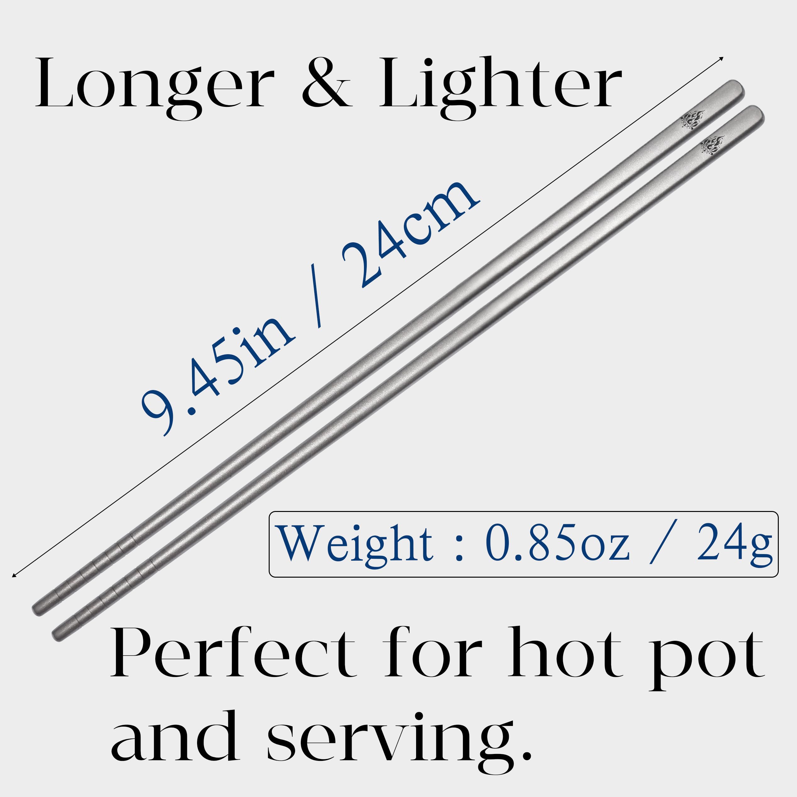 5 Pares de Palillos de Titanio Puro (24 cm) - Diseño Cuadrado Antideslizante y Extra Largo - Ultra Livianos (0.8 oz), Patrón de Llama - Aptos para Lavavajillas - Regalo para Foodies (Plateado)
