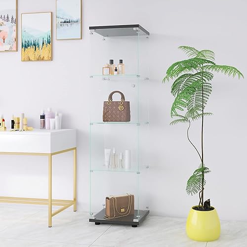 Miniatura 3 de Vitrina de cristal con 1 puerta, 4 estantes, armario de exhibición con asas, cerraduras y dispositivo antivuelco, estantería de cristal para