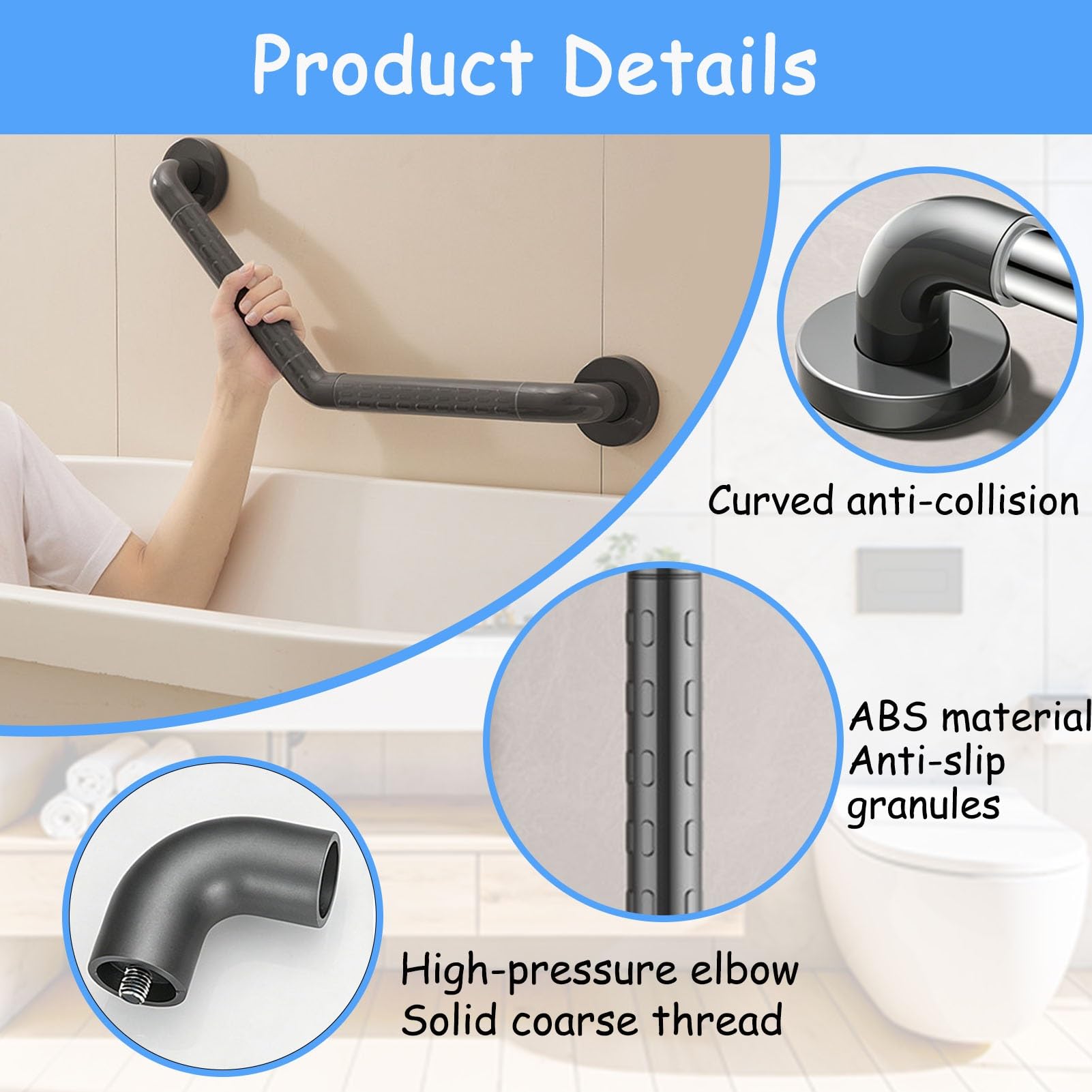 Barra de Apoyo para baño para Personas Mayores con discapacidad, pasamanos de Ducha de Pared con Agarre Antideslizante, asa de Asistencia para la Movilidad de Acero Inoxidable de 1
