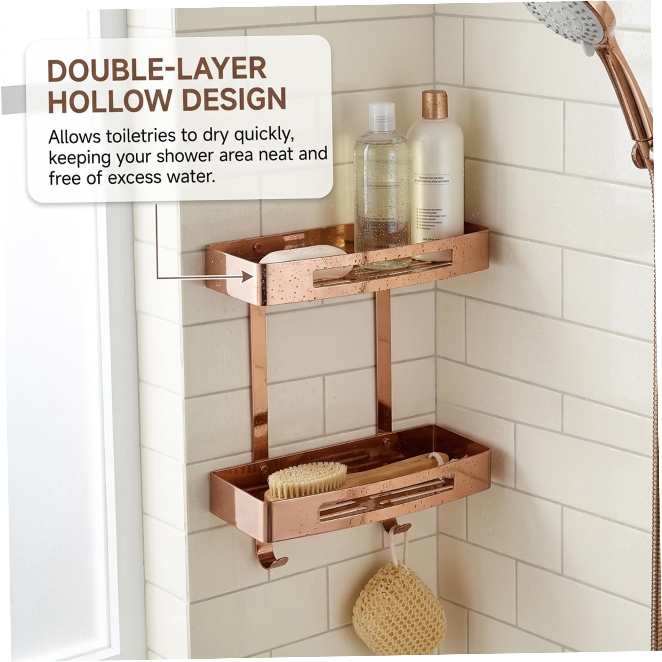Estante de pared para baño, carrito de ducha de doble nivel, estante de esquina de baño adhesivo de acero inoxidable 304, organizador de pared sin taladro con ganchos, oro rosa, adhesivo, para