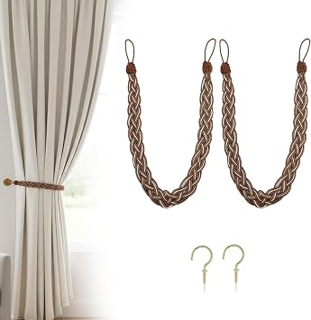 Brown Curtain Tiebacks, 2 Pack Hand Braided Rope Curtain Holdbacks with Metal Hooks Heavy Duty Brown Tie Backs for Drapes, Window Treatment Decorative Holdbacks for Living Room