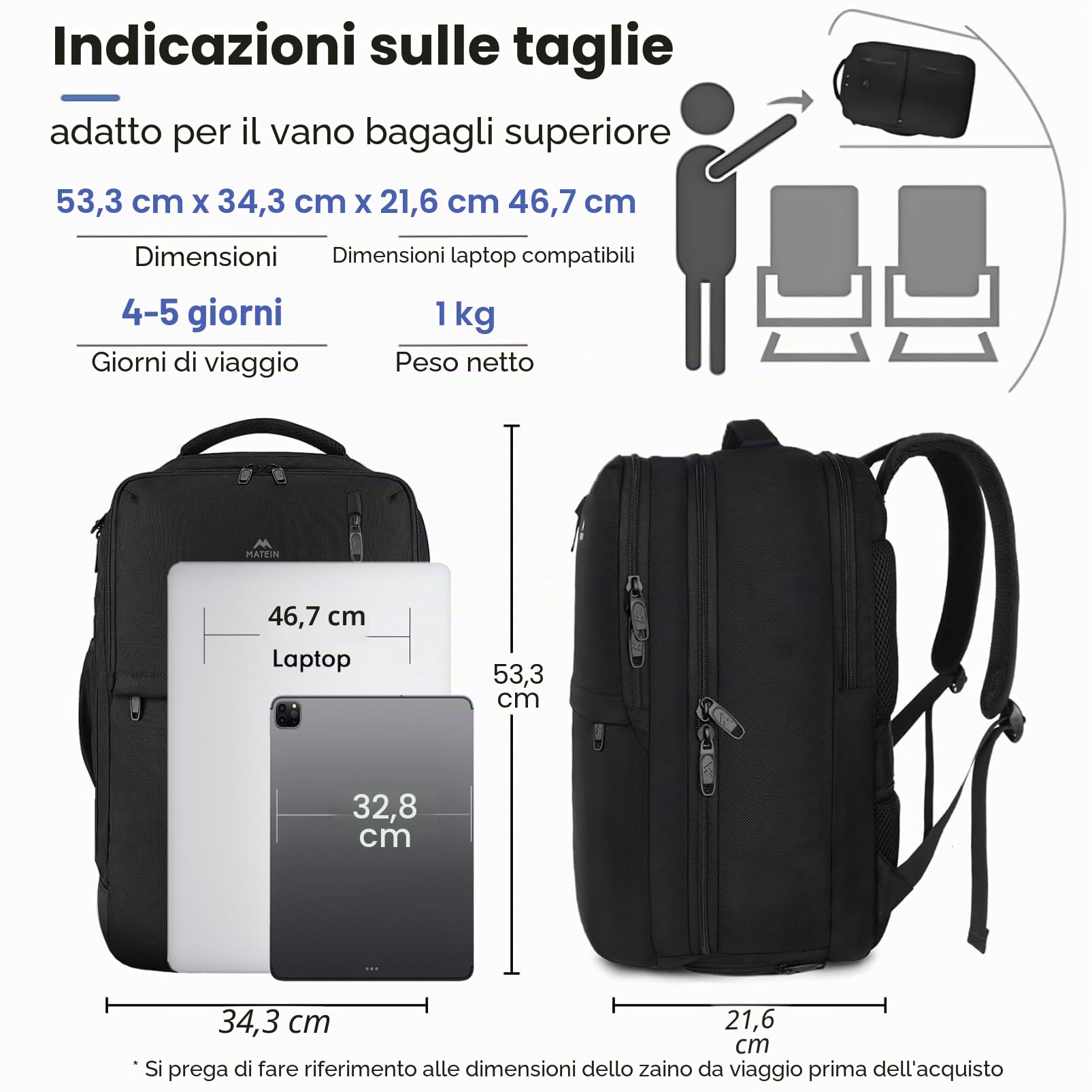 MATEIN Zaino da Viaggio Bagaglio a Mano Aereo per PC Grande