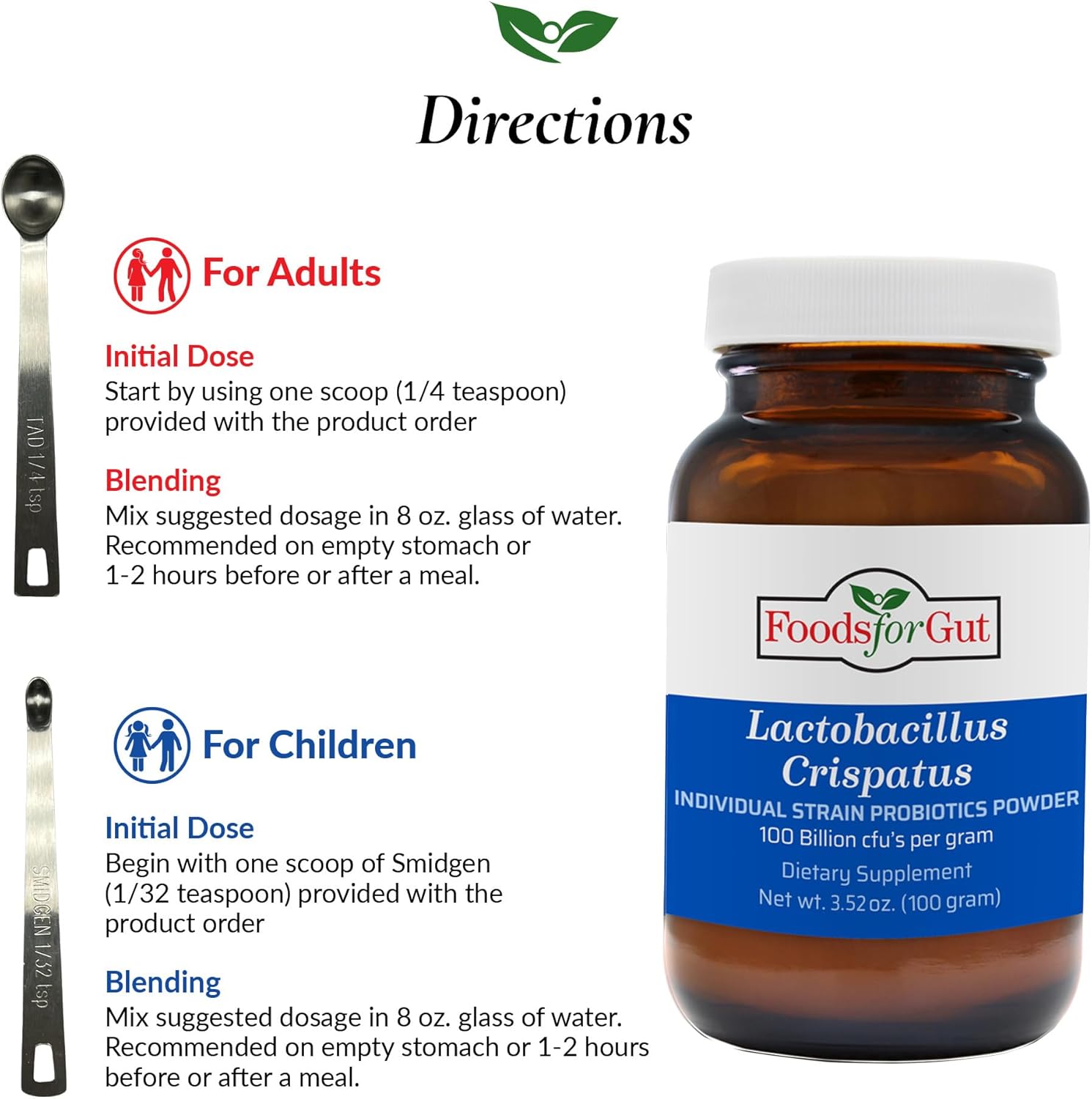 Foods For Gut Lactobacillus Crispatus Probiotic Powder 100 Billion cfu's | No Additives | Digestive & Immune Support | High Potency | L. Crispatus | 100 Gram (3.52 Oz)