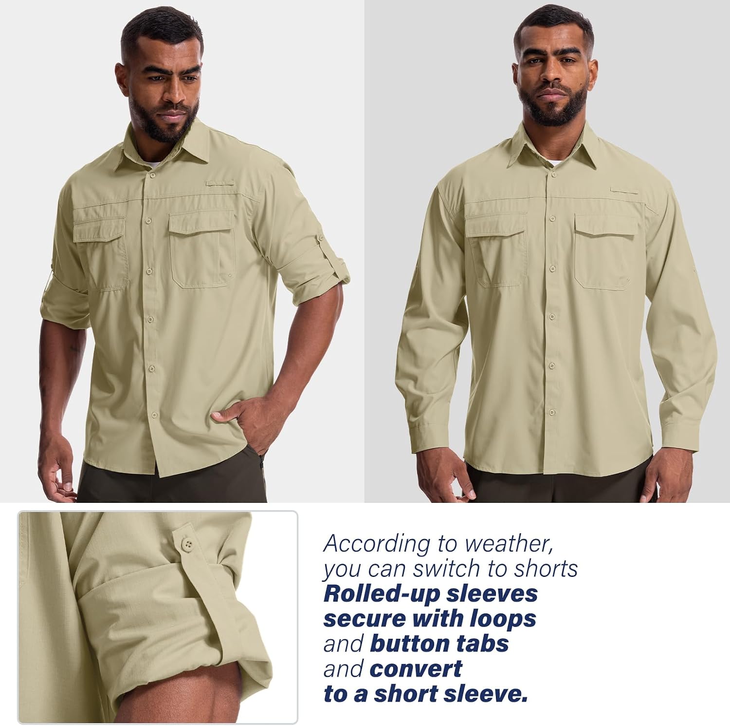 Mens Safari Sun Shirts UPF 50+ UV Sun Protection Long Sleeve Outdoor Quick Dry Fishing Hiking Gardening Shirts