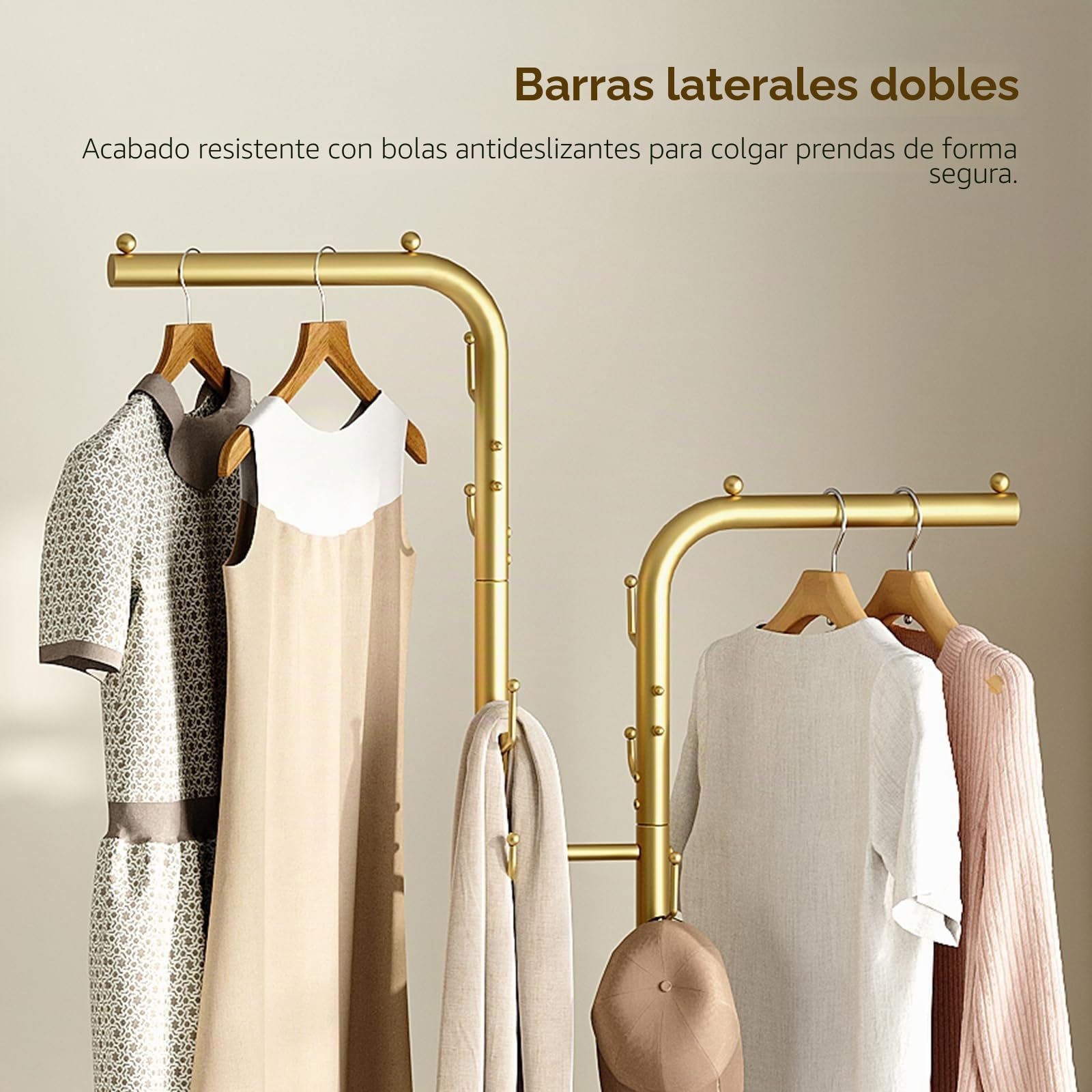 YATINEY Perchero con Doble Barra, Burro de Ropa de Pie Dorado, Organizador de Ropa para Entrada, con 8 Ganchos y Base con Motivos Marmoleados, Estilo Moderno, para Recibidor, XYM02DWY1