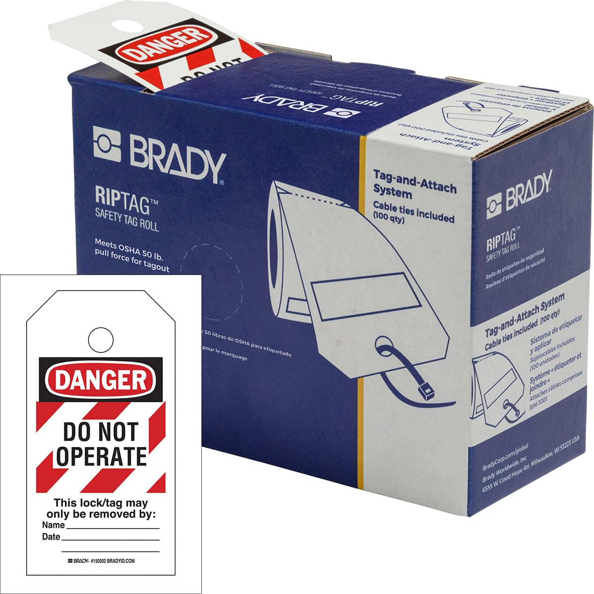 RipTag™ Safety Tag Roll Do Not Operate, 3" W x 5.75" H, Black/Red/White, 100/RL Diagonal Stripes