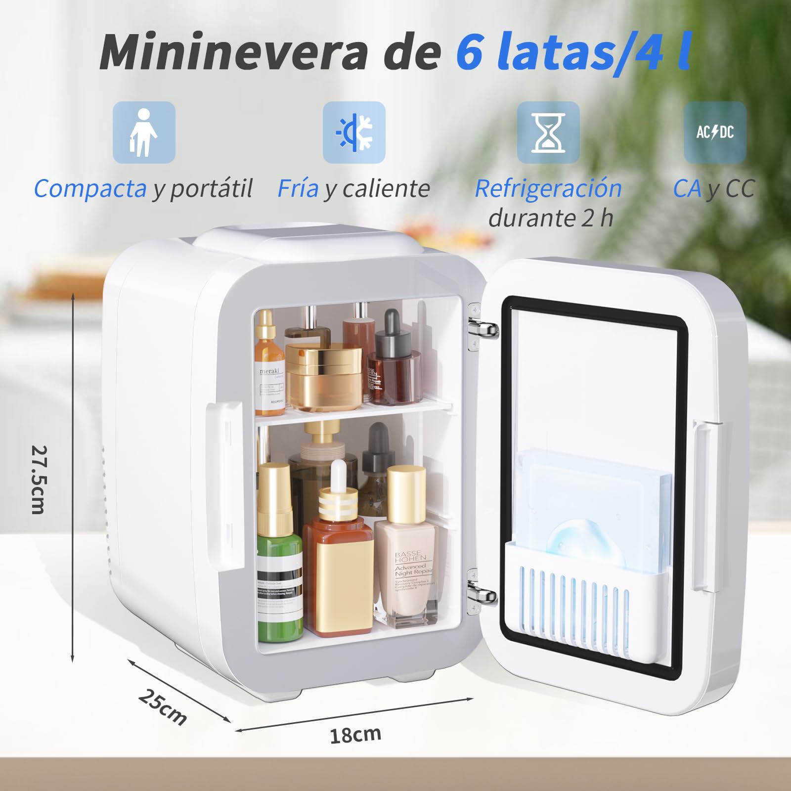 YASHE Mini Nevera para Dormitorio, Skincare Nevera con Espejo LED, Pequeña Nevera de 4L Portátil, Calentador y Enfriador Termoeléctrico 220V AC / 12V DC para Coche, Oficina, Dormitorio (blanca)