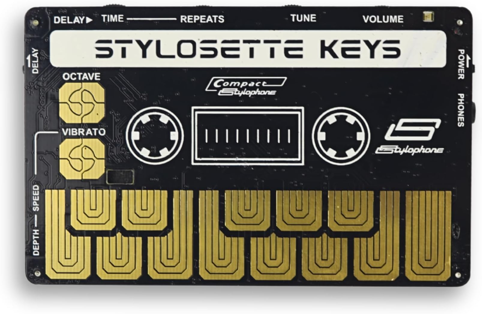 Stylosette – The Original Pocket Synthesizer in Portable Cassette Size. Play Tunes in an Instant with the Touch Keyboard and inbuilt Speaker. Extra features include FX & Expansion Port.