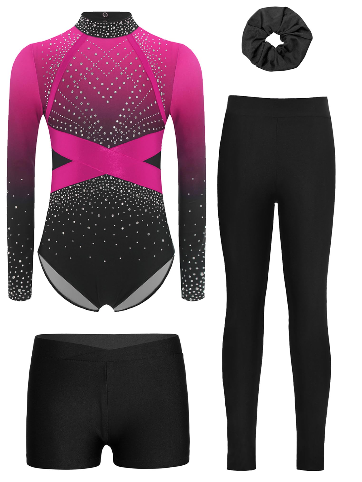 Maillot De Danza Gimnasia para Niñas Leotardo Manga Larga Y Leggings Cortos De Elásticos + Banda para El Cabello