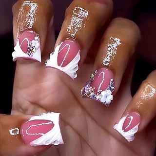 Duck Press On Nails Medium Duck Nails Press On French tip fake nails 3d Rhinestones Nails Press Ons wave Glue On Nails Acrylic Nails Artificial Nails For Woman 24pcs(Duck french)