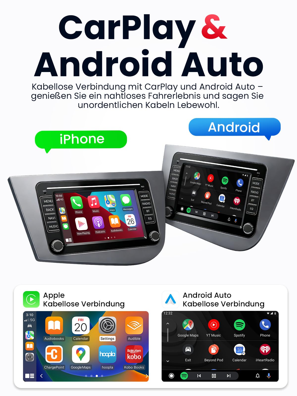 Doppel DIN Autoradio mit Bildschirm für SEAT Leon (2005–2012), Wireless CarPlay & Android Auto, 7" Auto Radio Touch Display, 4GB+64GB, Bluetooth 5GHz WiFi DAB+ FM AUX GPS
