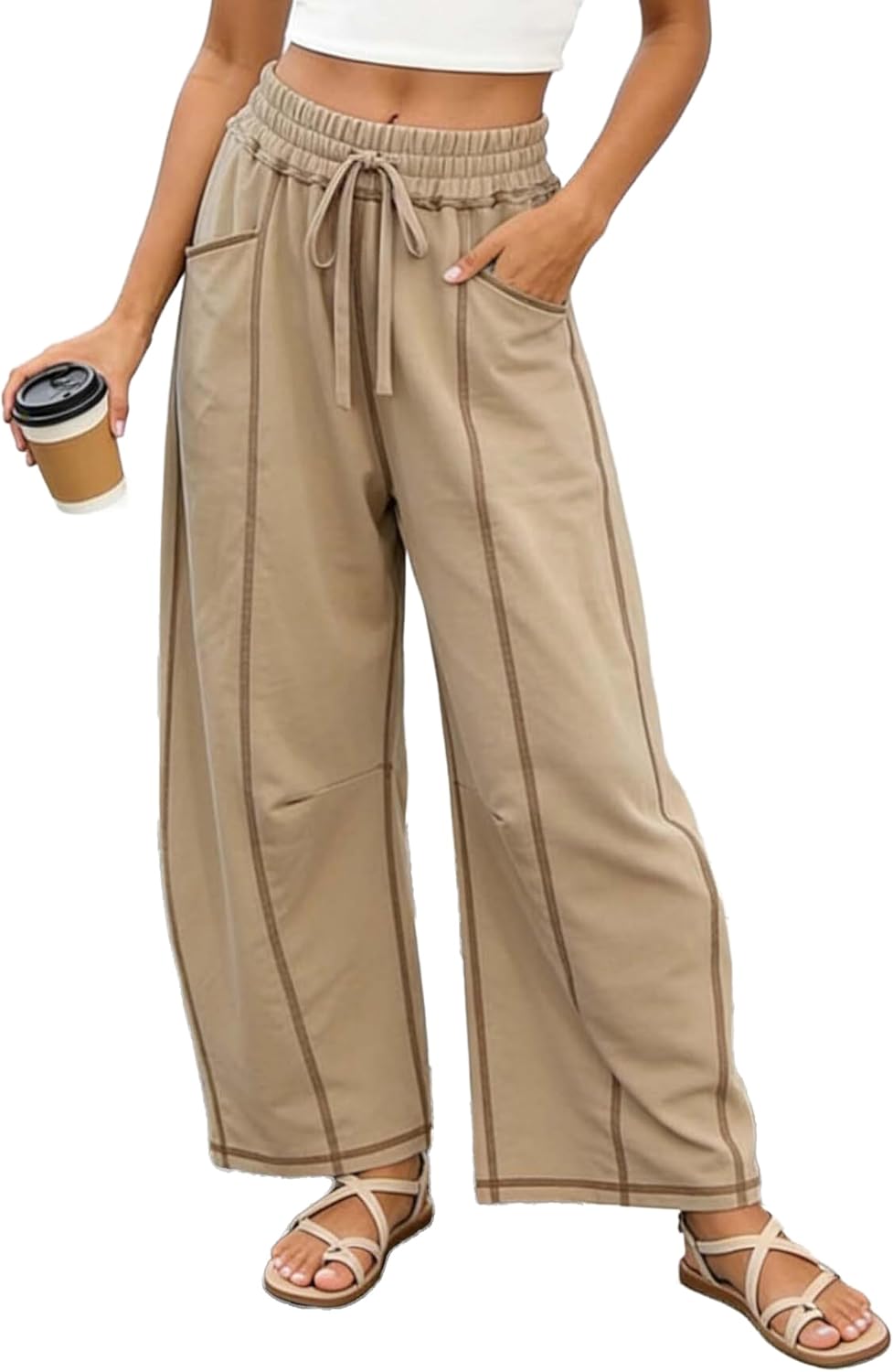 Women Wide Leg Baggy Barrel Pants Elastic Waist Drawstring Lounge | Exposed Seam Detail