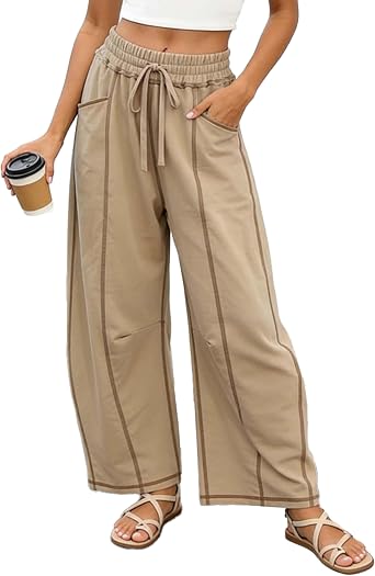 Women Wide Leg Baggy Barrel Pants Elastic Waist Drawstring Lounge | Exposed Seam Detail