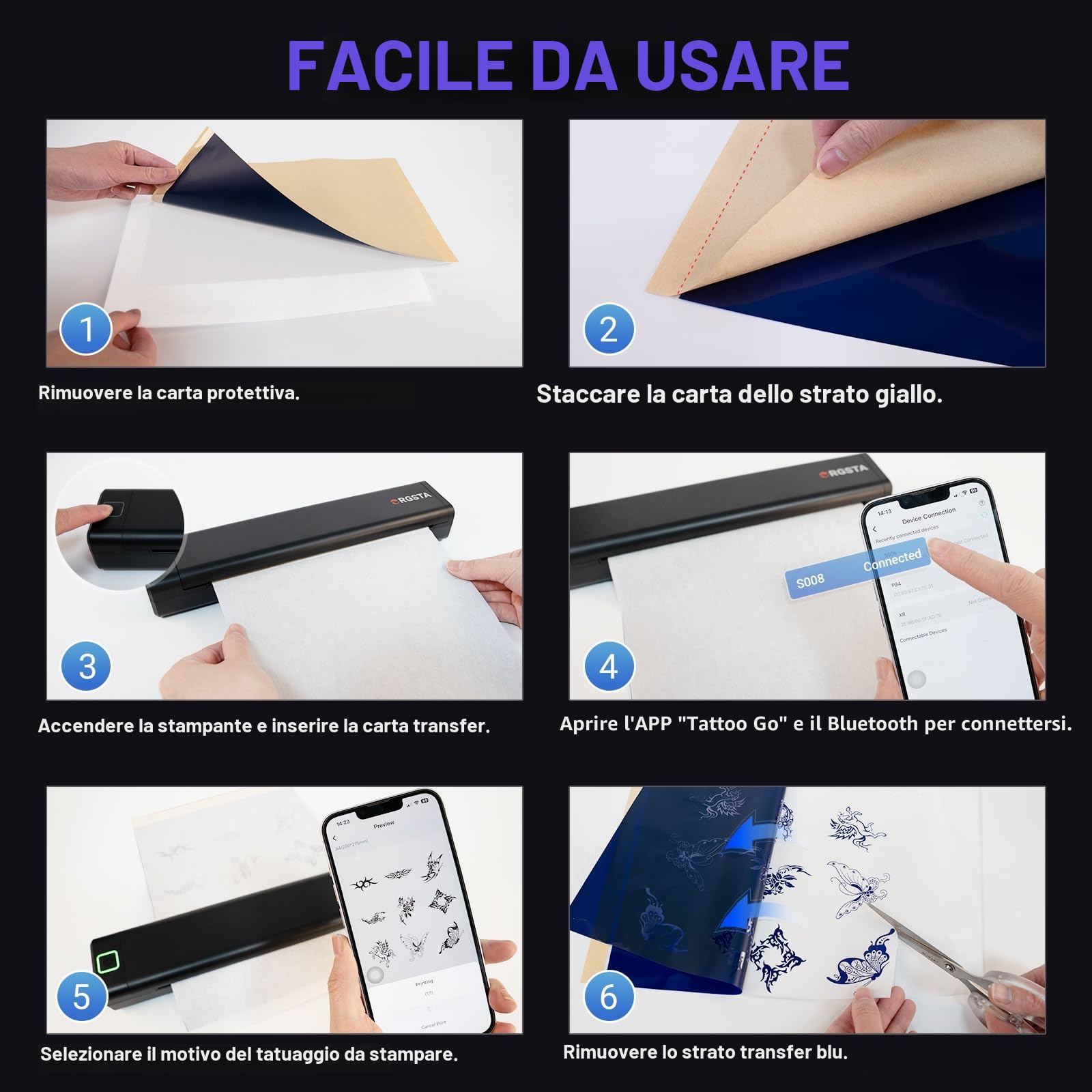 ORGSTA S008 Stampante per Tatuaggi Termica Bluetooth, Trasferimento Stencil Portatile
