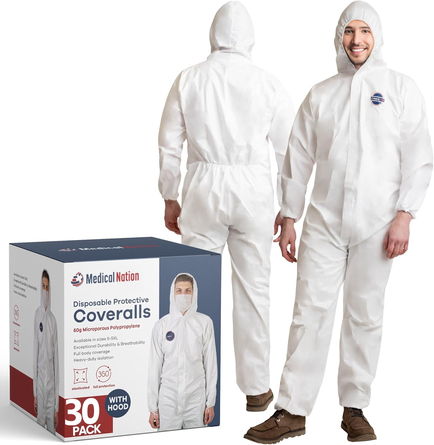 Medical Nation Hazmat Suits Disposable | 9 Size Options | With Hood, Heavy Duty, Breathable Disposable Coverall, Painter Suit