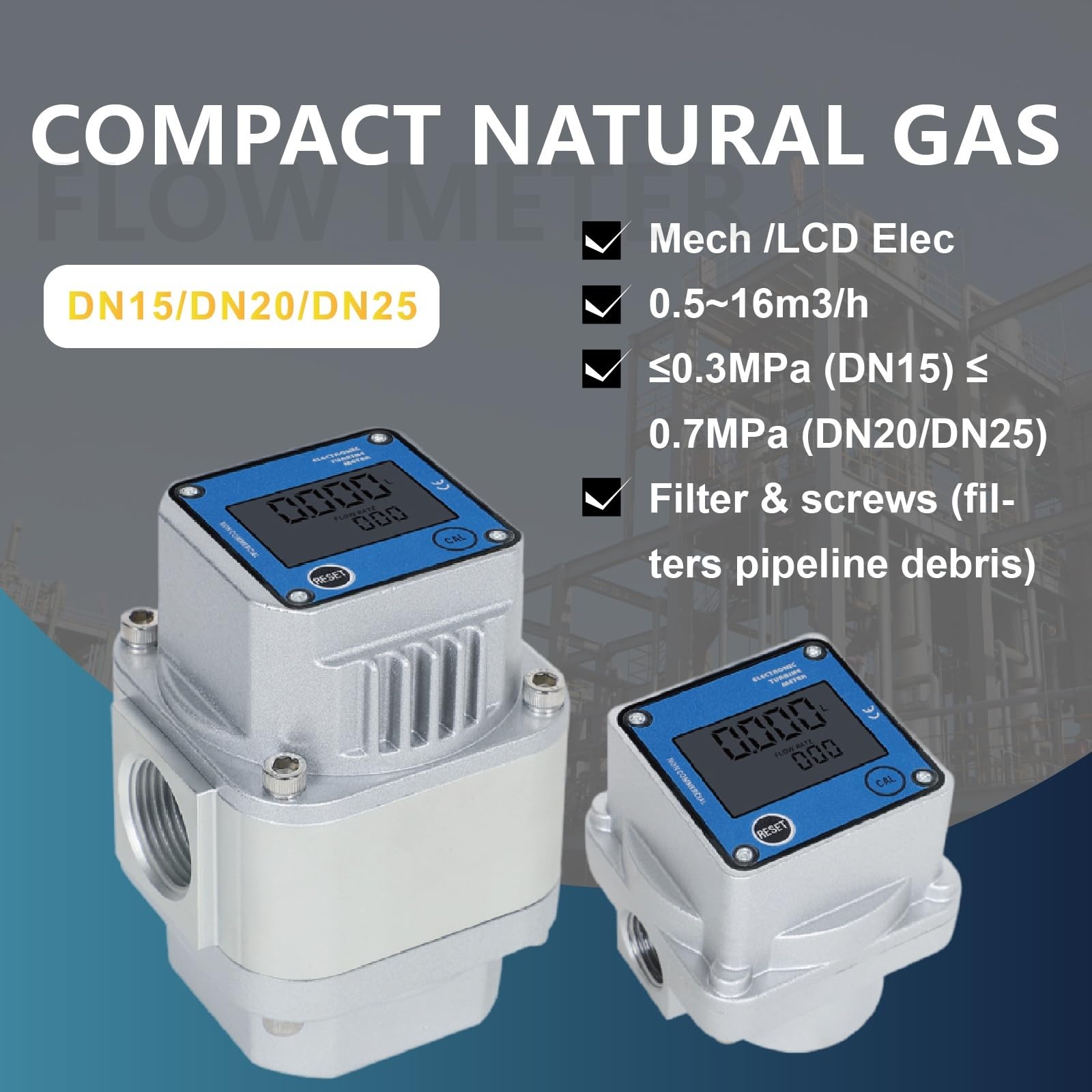 Medidor de Flujo Digital Medidor de Flujo Gas Digital Roots Alta precisión, Pantalla LCD, instantáneo DN15 DN25 for Natural LPG, comprimido(DN25)