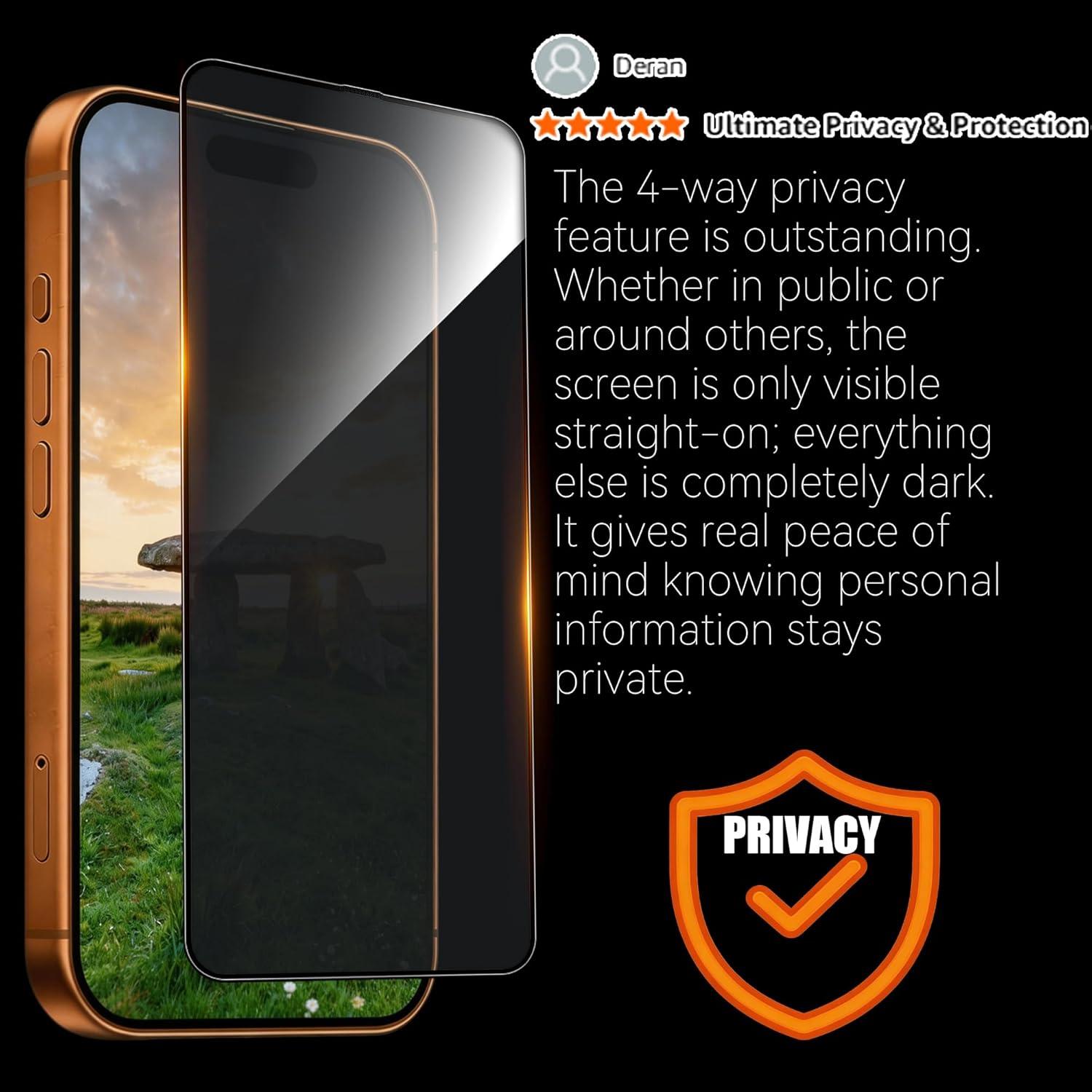 3 Pack Privacy Phone Screen Protector of 4-Way-360° Anti-Spy Tempered Glass, Unbreak Military Grade Drop Protection, 3D Curved Full Edge Coverage, Sensitive, Anti-Fingerprint, Bubble Free with Easy Install Toolkit For iPhone 16 Pro Max