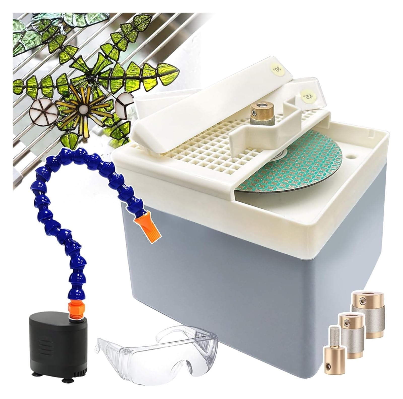 DARZYS Stained Glass Grinder, Portable Stained Grinder, Desktop Glass Grinding Machine with Diamond Grinder Bits+Grit Discs+Water Circulation Pump+Angle Positioning Tool