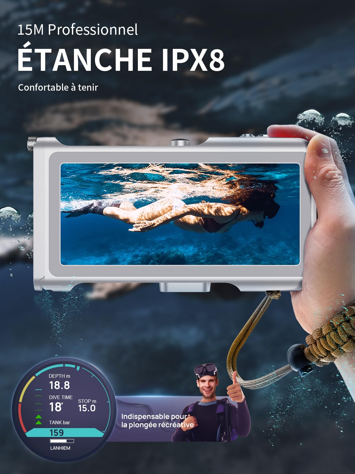 Lanhiem 15M Pochette Étanche Universelle IPX8 [Bluetooth] 4.7-6.9'', Gris