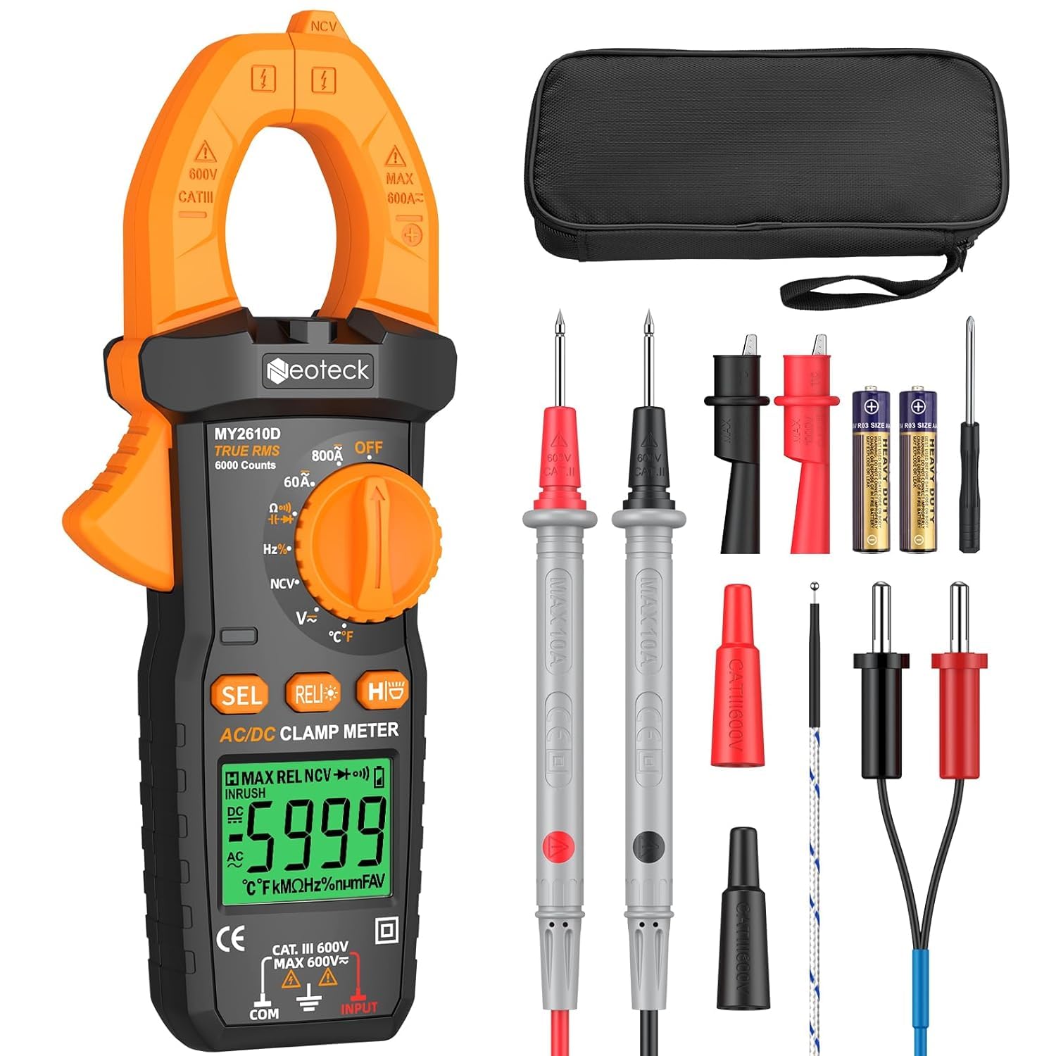 Neoteck Digital Clamp Meter TRMS 6000 Counts – 800A AC/DC Current, AC/DC Voltage, NCV, Continuity, Capacitance, Resistance, Frequency, Diode & Temperature Test, Backlight & Flashlight