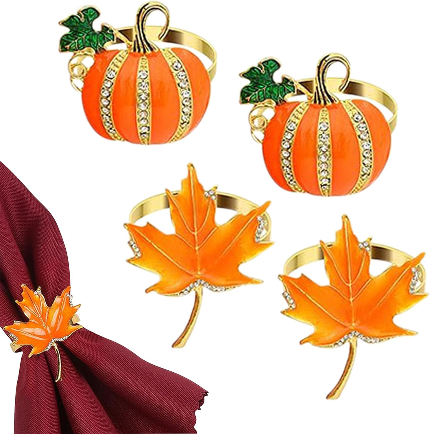 Fall Napkin Rings, 4-Pack Pumpkin Napkin Rings for Thanksgiving Table