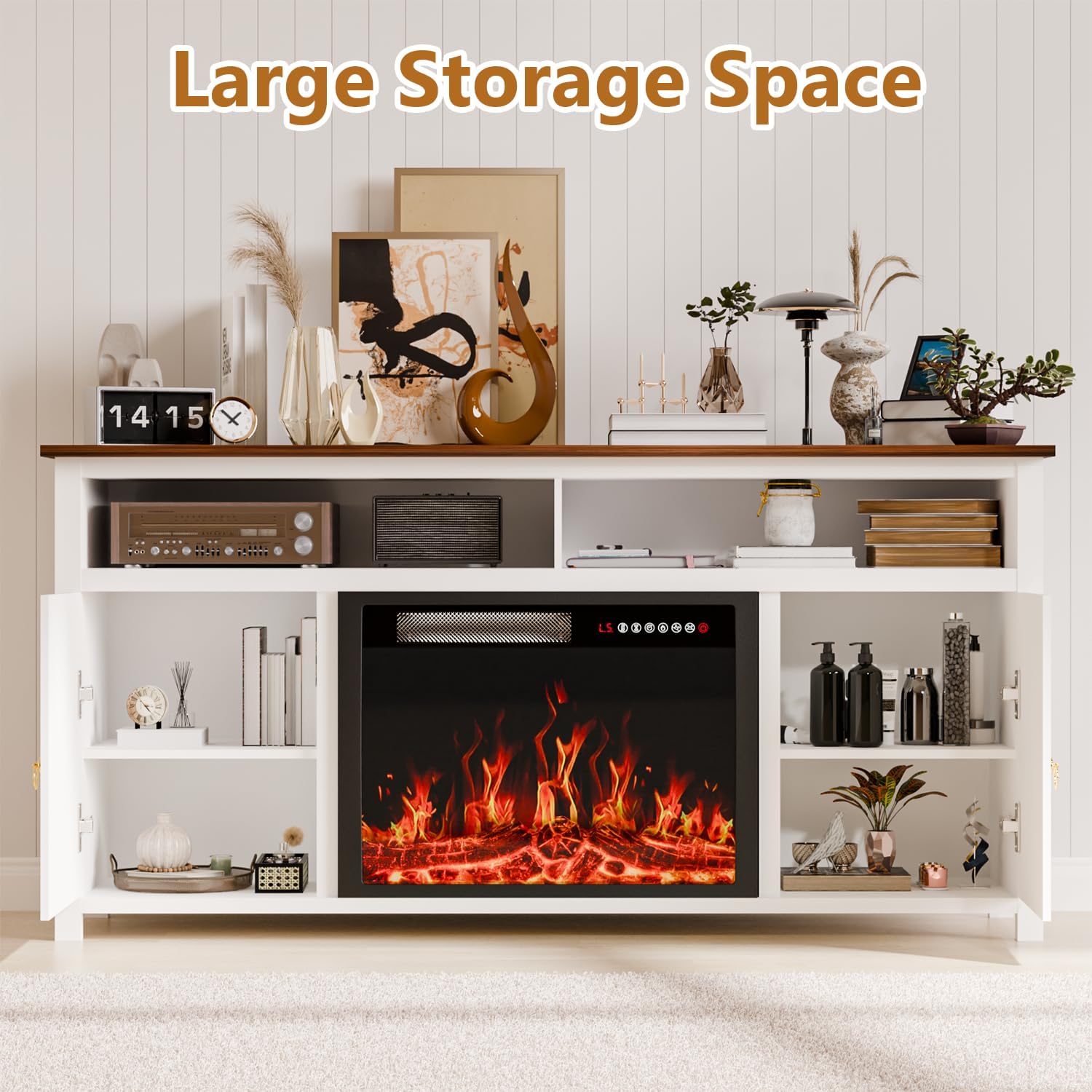 PUKAMI 58" Fireplace TV Stand with 23" Fireplace up to 65" TVs, Media Entertainment Center Console Table with Open Storage Shelves and Cabinets for Living Room, White and Rustic Brown Top