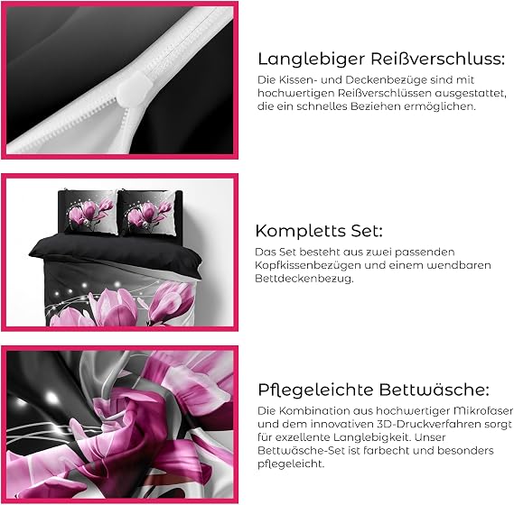 FEBE 3D Bettwäsche Lilie Blume Bettbezug-Set 135x200 + Kissenbezug 80x80 cm Wendebettwäsche 2 Teilig mit Reißveschluss