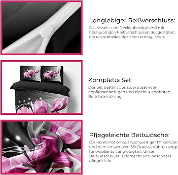 FEBE 3D Bettwäsche Lilie Blume Bettbezug-Set 135x200 + Kissenbezug 80x80 cm Wendebettwäsche 2 Teilig mit Reißveschluss