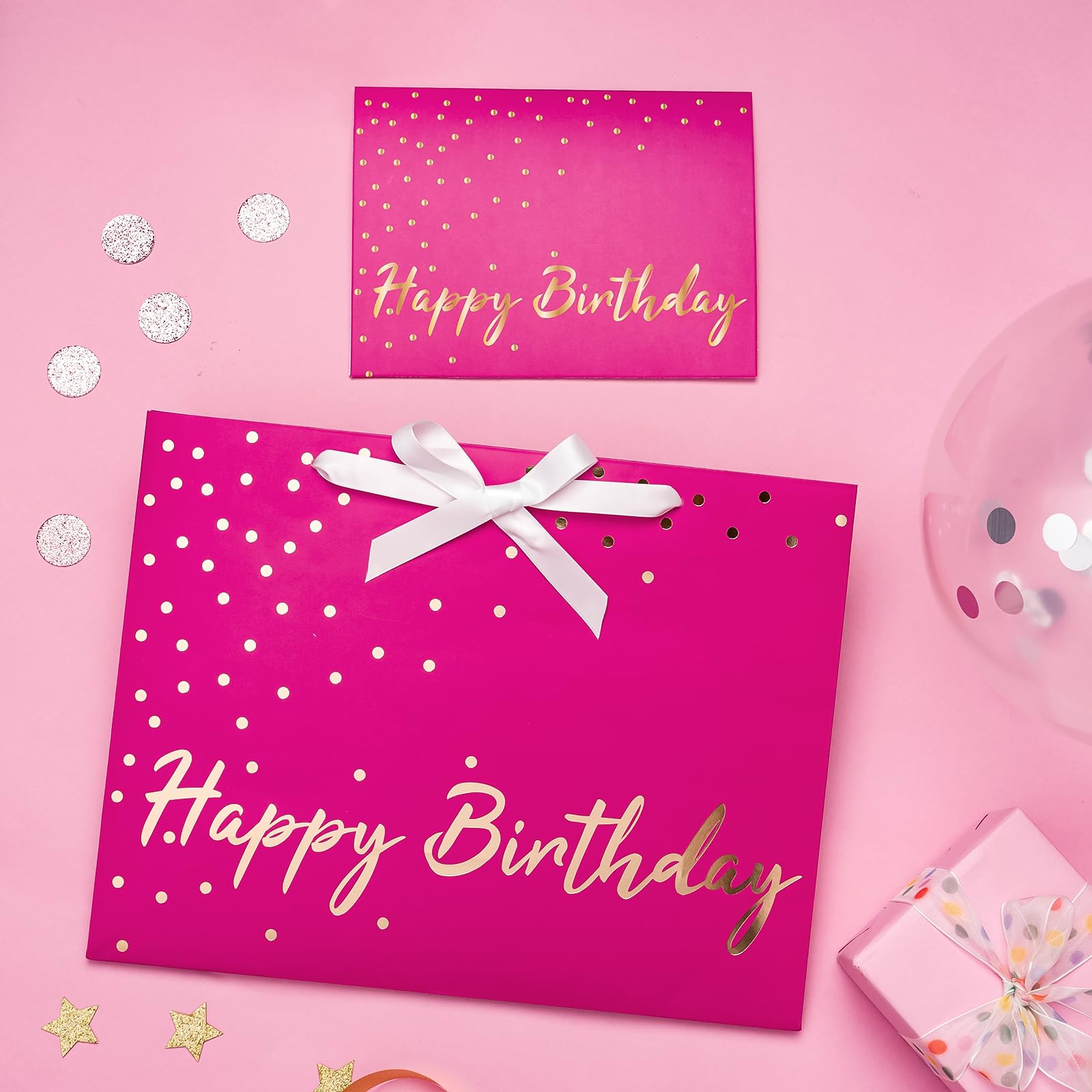 WRAPAHOLIC 13" Hot Pink Birthday Gift Bags with Tissue Paper and Card - Pink and Gold Foil Dots Bags for Girls Women Birthday Party Supplies