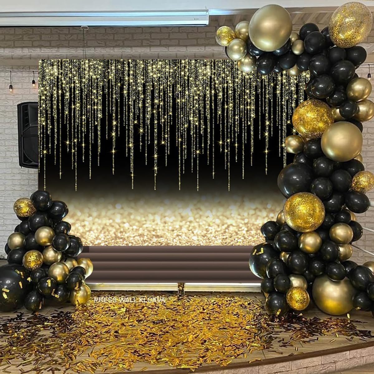 Black Gold Glitter Backdrop 12x8ft Christmas Birthday New Year Housewarming Retirement Party Graduation Background for Photography Theme Party Banner Studio Photo Booth Props