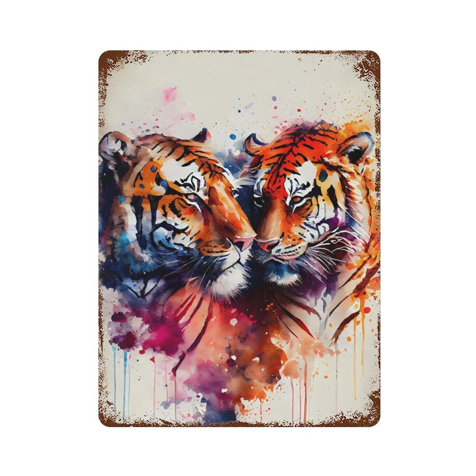 Distressed Metal Wall Sign with Romantic Tiger Couple Design 15.7"x11.8", for Living Room, Hallway And Home Decor, Vintage Wall Decor