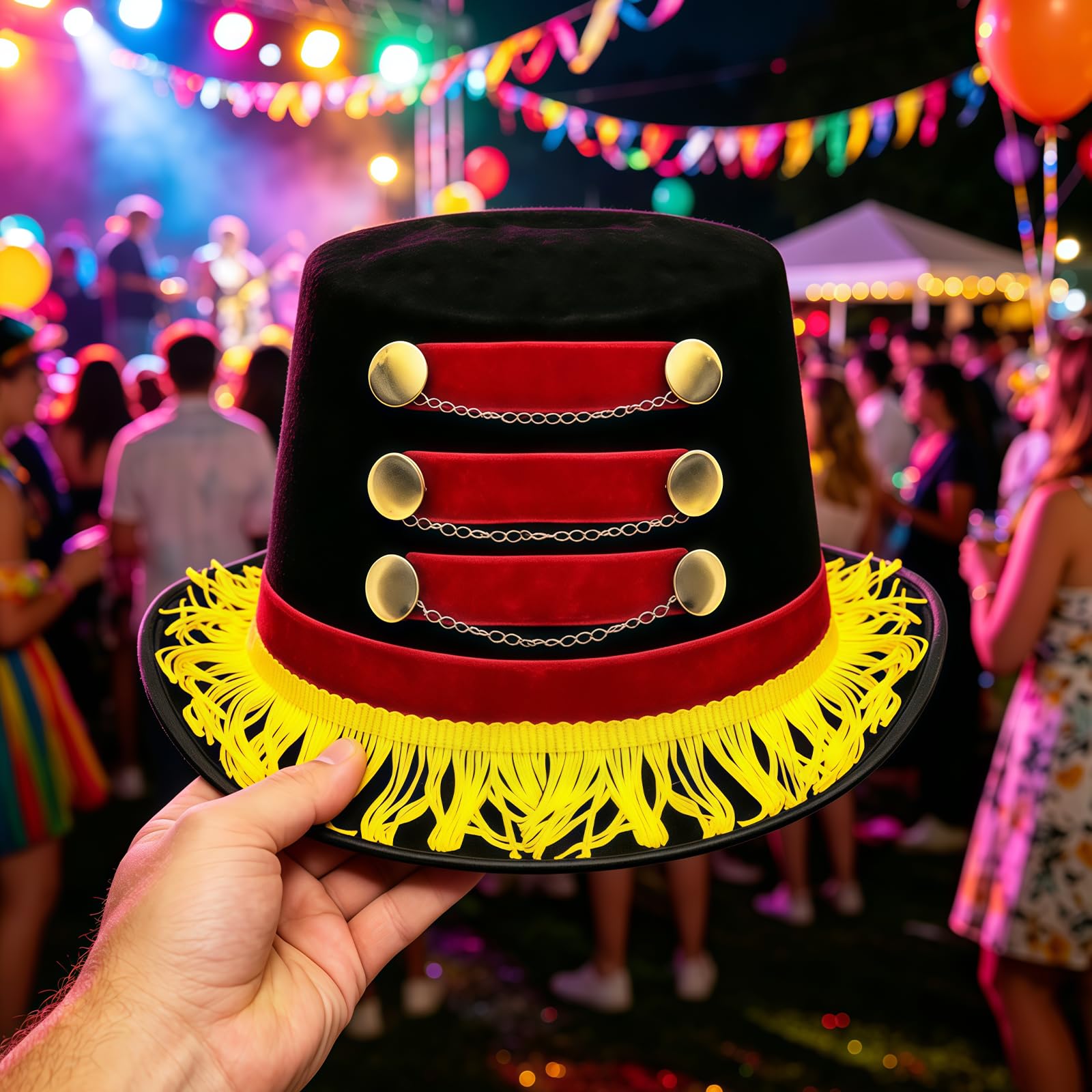 Ringmaster - Cappello a cilindro rosso e nero da circo con frangia dorata, accessorio per costume di Carnevale di Halloween, perfetto per cosplay, spettacoli teatrali per adulti